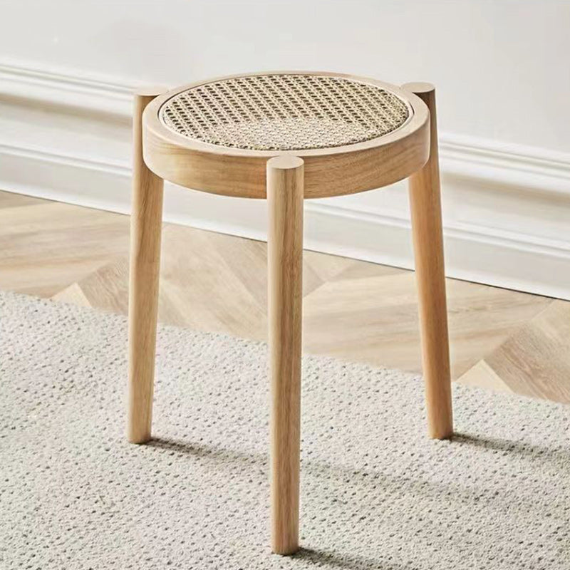 Contemporary Scandinavian Rattan Rubber Wood Round Low Stool For Living Room
