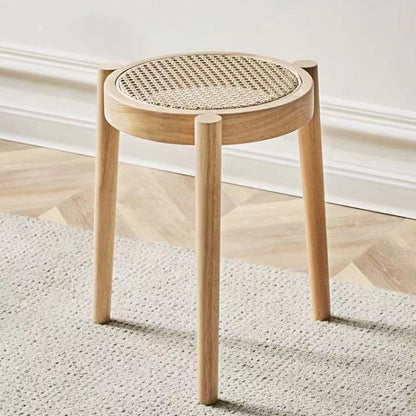 Contemporary Scandinavian Rattan Rubber Wood Round Low Stool For Living Room