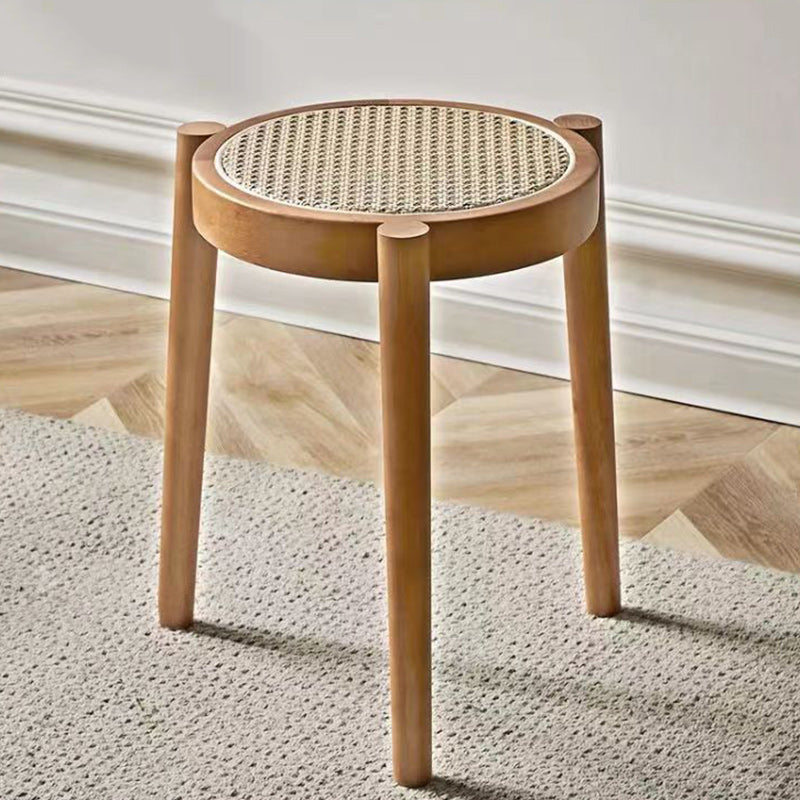 Contemporary Scandinavian Rattan Rubber Wood Round Low Stool For Living Room