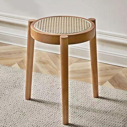 Contemporary Scandinavian Rattan Rubber Wood Round Low Stool For Living Room