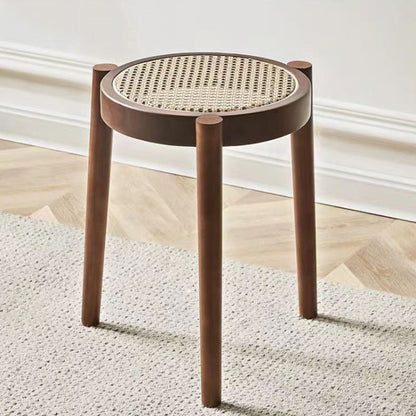 Contemporary Scandinavian Rattan Rubber Wood Round Low Stool For Living Room