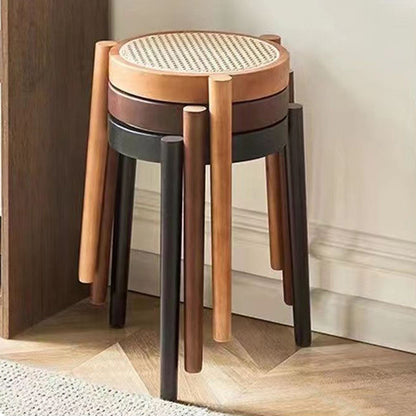 Contemporary Scandinavian Rattan Rubber Wood Round Low Stool For Living Room