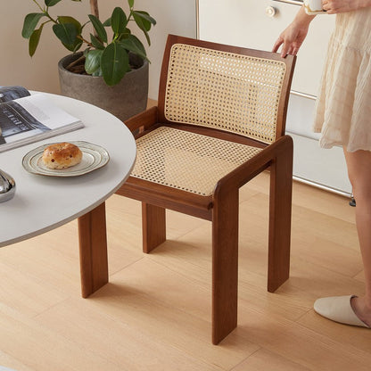 Traditional Vintage Rattan Solid Wood Hollow Slatted Dining Chair With Backrest For Dining Room