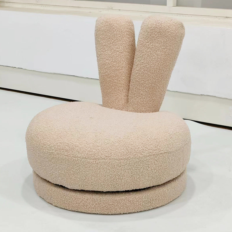 Modern Minimalist Kids Sherpa Fabric Solid Wood Round Bunny-Ear Low Stool With Backrest For Living Room