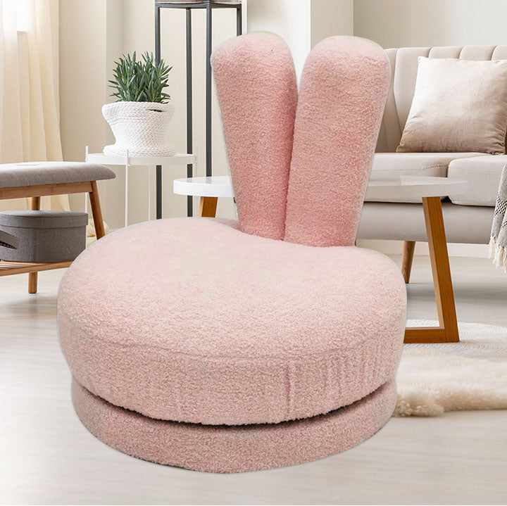 Modern Minimalist Kids Sherpa Fabric Solid Wood Round Bunny-Ear Low Stool With Backrest For Living Room