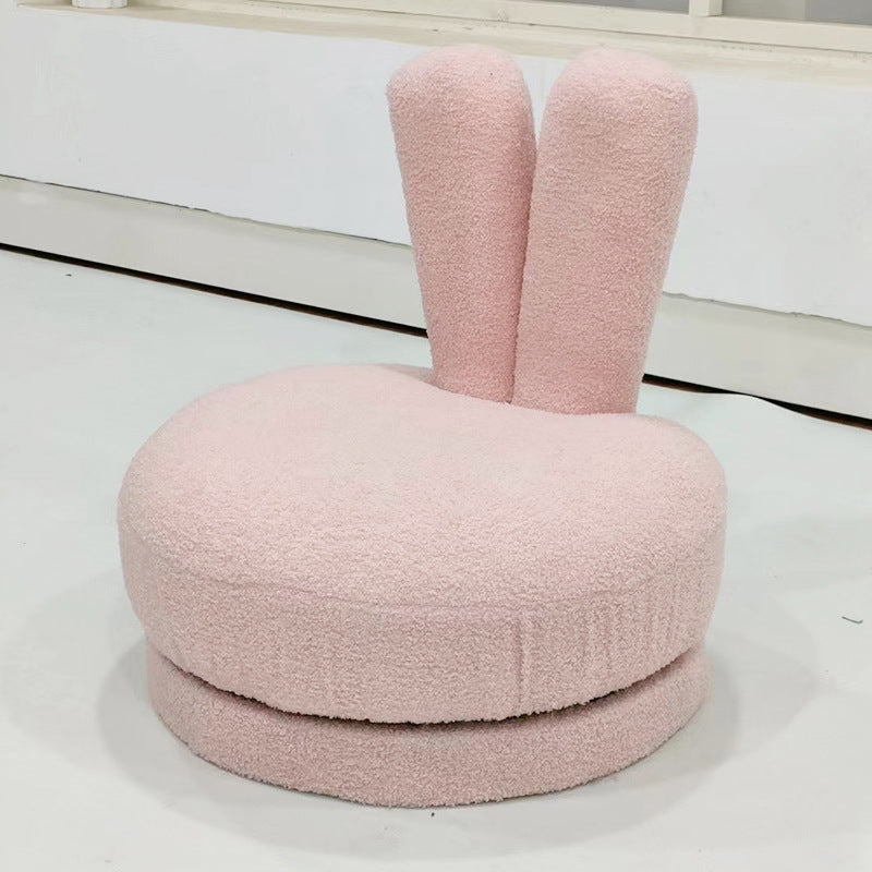 Modern Minimalist Kids Sherpa Fabric Solid Wood Round Bunny-Ear Low Stool With Backrest For Living Room