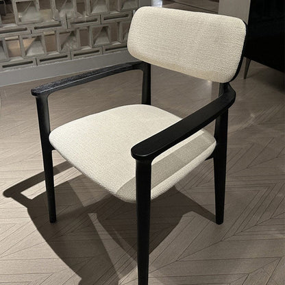 Modern Luxury Cotton Linen Solid Wood Rounded Rectangular Dining Chair With Backrest Armrest For Dining Room