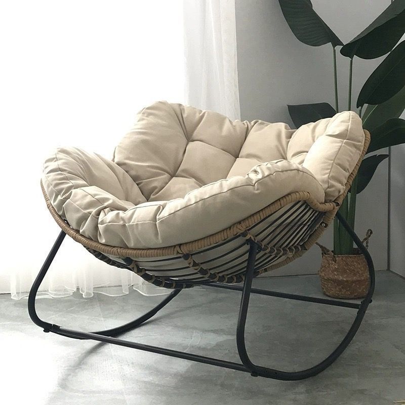 Contemporary Scandinavian Cotton Linen Rattan Carbon Steel Curved Grid Accent Chair With Backrest For Living Room