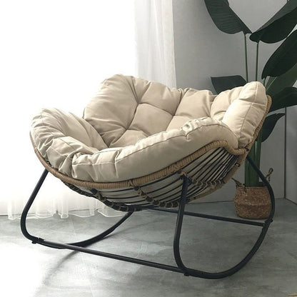 Contemporary Scandinavian Cotton Linen Rattan Carbon Steel Curved Grid Accent Chair With Backrest For Living Room