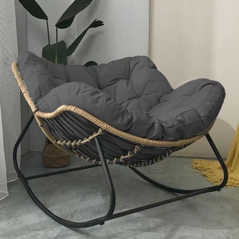 Contemporary Scandinavian Cotton Linen Rattan Carbon Steel Curved Grid Accent Chair With Backrest For Living Room