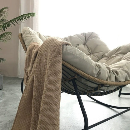 Contemporary Scandinavian Cotton Linen Rattan Carbon Steel Curved Grid Accent Chair With Backrest For Living Room