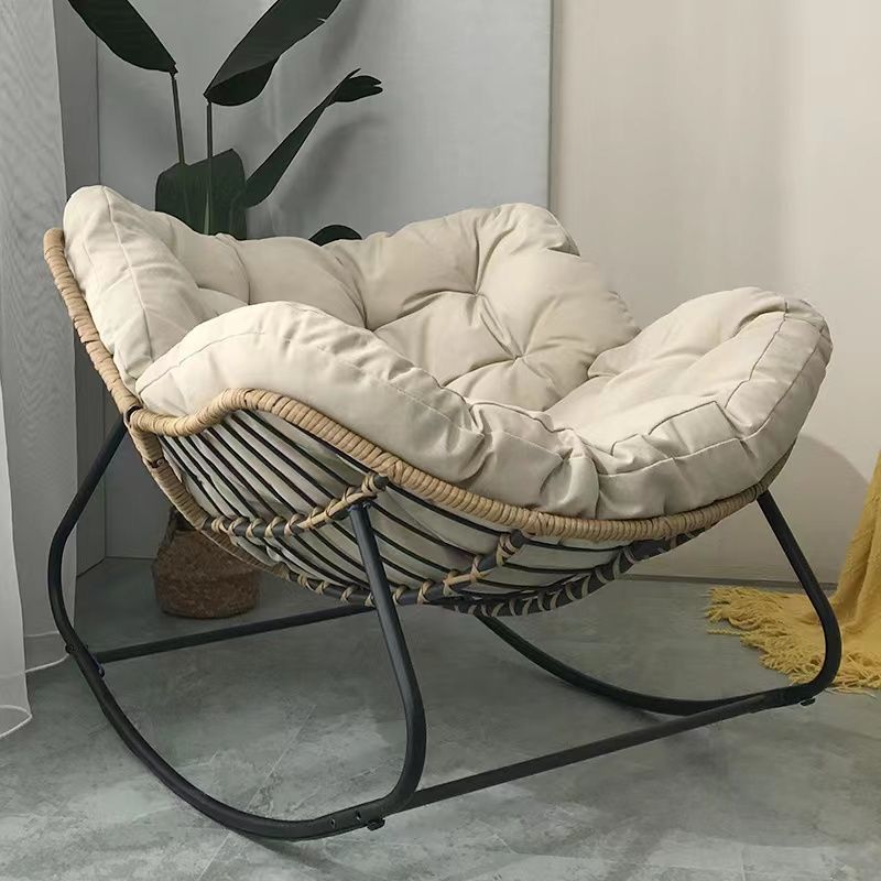 Contemporary Scandinavian Cotton Linen Rattan Carbon Steel Curved Grid Accent Chair With Backrest For Living Room
