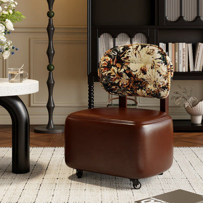 Traditional Chinese Microfiber Leather Fabric Solid Wood Semi-Circle Patterned Low Stool With Backrest For Living Room