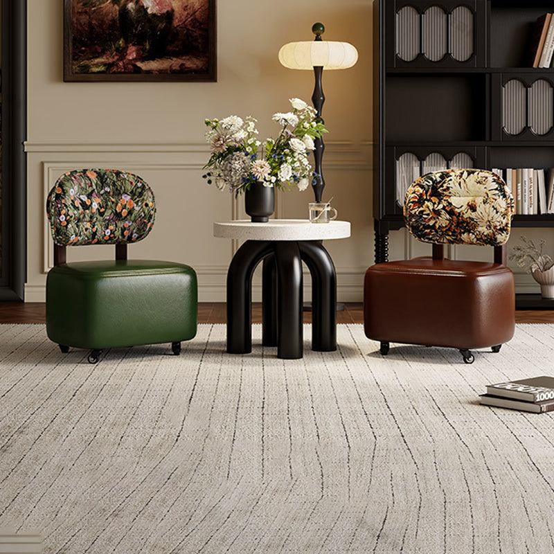 Traditional Chinese Microfiber Leather Fabric Solid Wood Semi-Circle Patterned Low Stool With Backrest For Living Room
