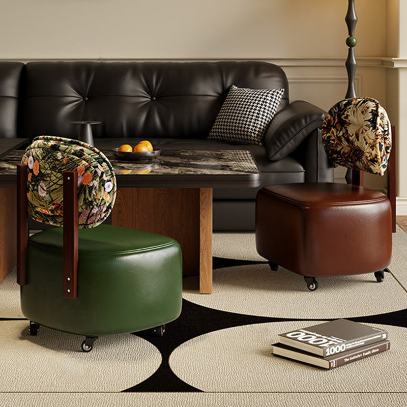 Traditional Chinese Microfiber Leather Fabric Solid Wood Semi-Circle Patterned Low Stool With Backrest For Living Room