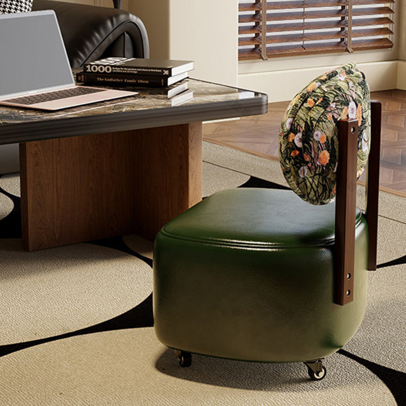 Traditional Chinese Microfiber Leather Fabric Solid Wood Semi-Circle Patterned Low Stool With Backrest For Living Room