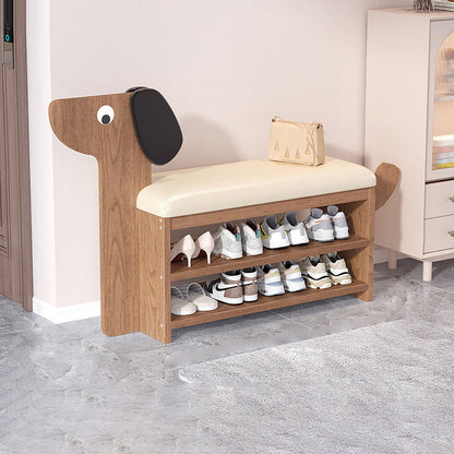 Contemporary Creative Faux Oil Wax Leather Bamboo Dog-Shaped Rectangular Shoe Bench 1/2-Tier For Living Room