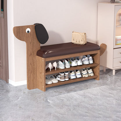 Contemporary Creative Faux Oil Wax Leather Bamboo Dog-Shaped Rectangular Shoe Bench 1/2-Tier For Living Room