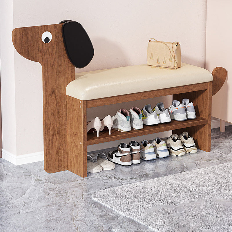 Contemporary Creative Faux Oil Wax Leather Bamboo Dog-Shaped Rectangular Shoe Bench 1/2-Tier For Living Room