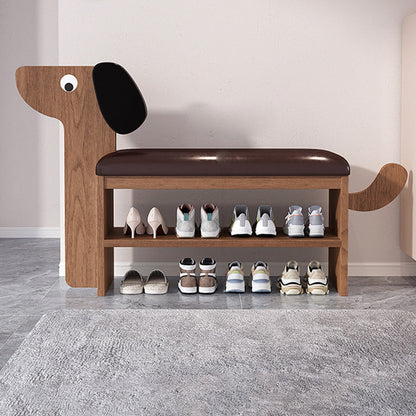 Contemporary Creative Faux Oil Wax Leather Bamboo Dog-Shaped Rectangular Shoe Bench 1/2-Tier For Living Room
