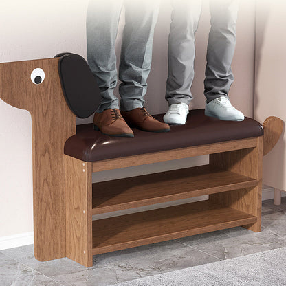 Contemporary Creative Faux Oil Wax Leather Bamboo Dog-Shaped Rectangular Shoe Bench 1/2-Tier For Living Room