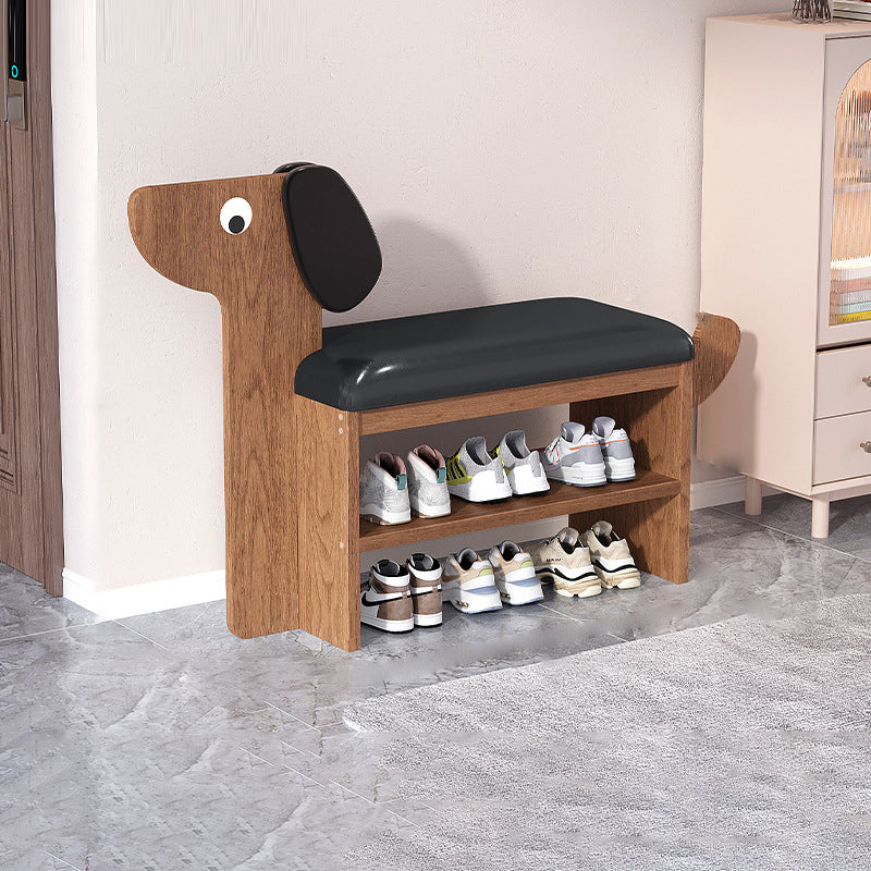 Contemporary Creative Faux Oil Wax Leather Bamboo Dog-Shaped Rectangular Shoe Bench 1/2-Tier For Living Room