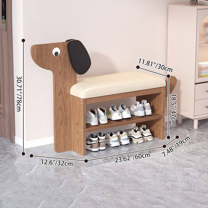 Contemporary Creative Faux Oil Wax Leather Bamboo Dog-Shaped Rectangular Shoe Bench 1/2-Tier For Living Room