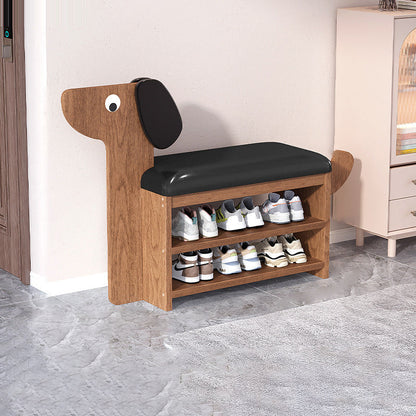 Contemporary Creative Faux Oil Wax Leather Bamboo Dog-Shaped Rectangular Shoe Bench 1/2-Tier For Living Room