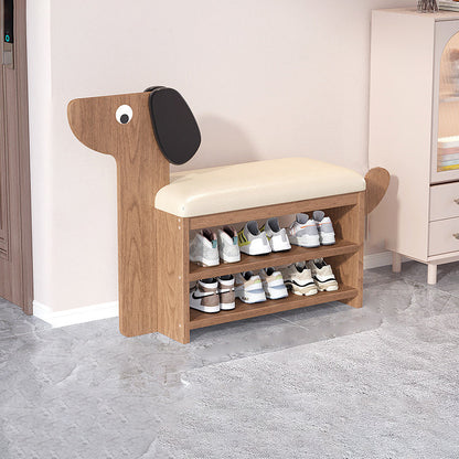Contemporary Creative Faux Oil Wax Leather Bamboo Dog-Shaped Rectangular Shoe Bench 1/2-Tier For Living Room