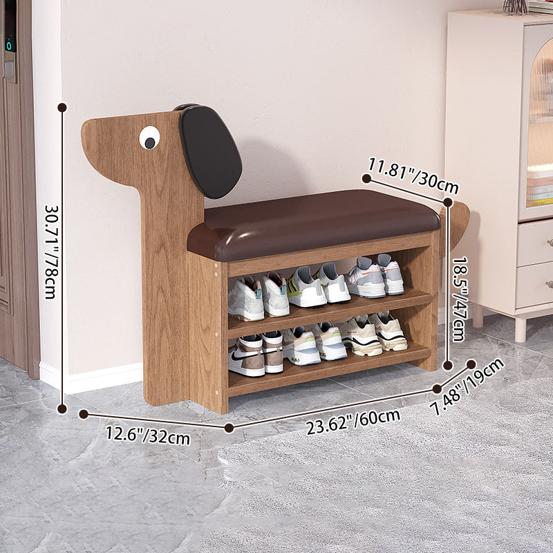Contemporary Creative Faux Oil Wax Leather Bamboo Dog-Shaped Rectangular Shoe Bench 1/2-Tier For Living Room