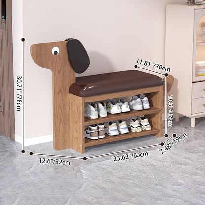 Contemporary Creative Faux Oil Wax Leather Bamboo Dog-Shaped Rectangular Shoe Bench 1/2-Tier For Living Room