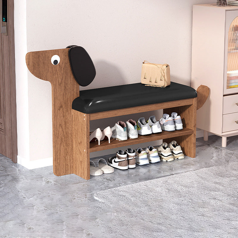 Contemporary Creative Faux Oil Wax Leather Bamboo Dog-Shaped Rectangular Shoe Bench 1/2-Tier For Living Room