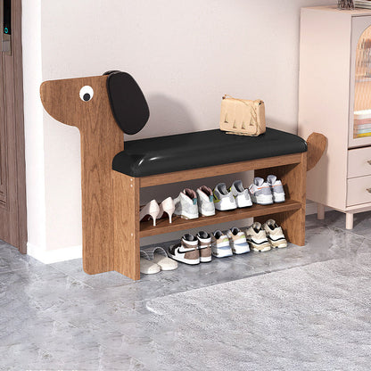 Contemporary Creative Faux Oil Wax Leather Bamboo Dog-Shaped Rectangular Shoe Bench 1/2-Tier For Living Room