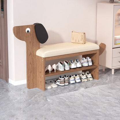 Contemporary Creative Faux Oil Wax Leather Bamboo Dog-Shaped Rectangular Shoe Bench 1/2-Tier For Living Room