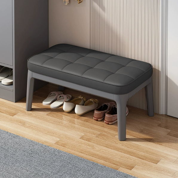 Contemporary Scandinavian PU Leather Solid Wood Rectangular Grid Upholstered Shoe Bench For Entryway & Living Room
