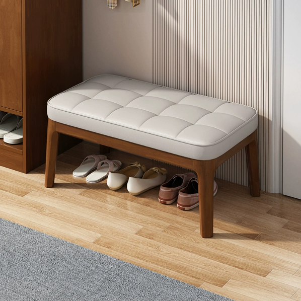 Contemporary Scandinavian PU Leather Solid Wood Rectangular Grid Upholstered Shoe Bench For Entryway & Living Room