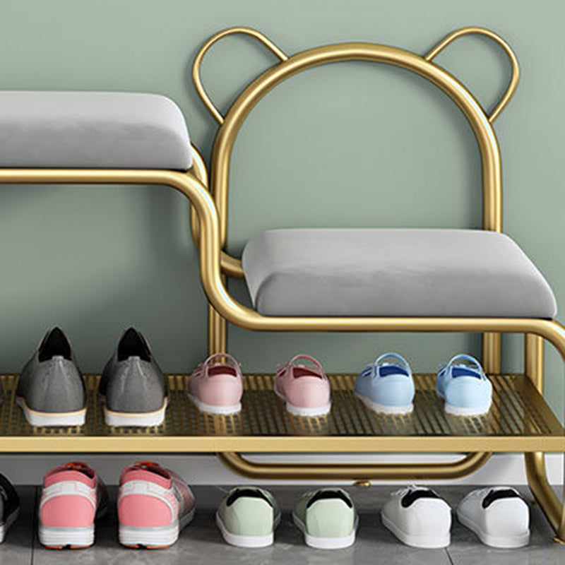 Contemporary Creative Velvet Iron Bear-Shaped Curved Rectangular Shoe Bench With Backrest For Entryway & Living Room