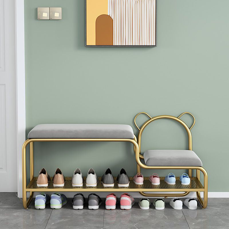 Contemporary Creative Velvet Iron Bear-Shaped Curved Rectangular Shoe Bench With Backrest For Entryway & Living Room