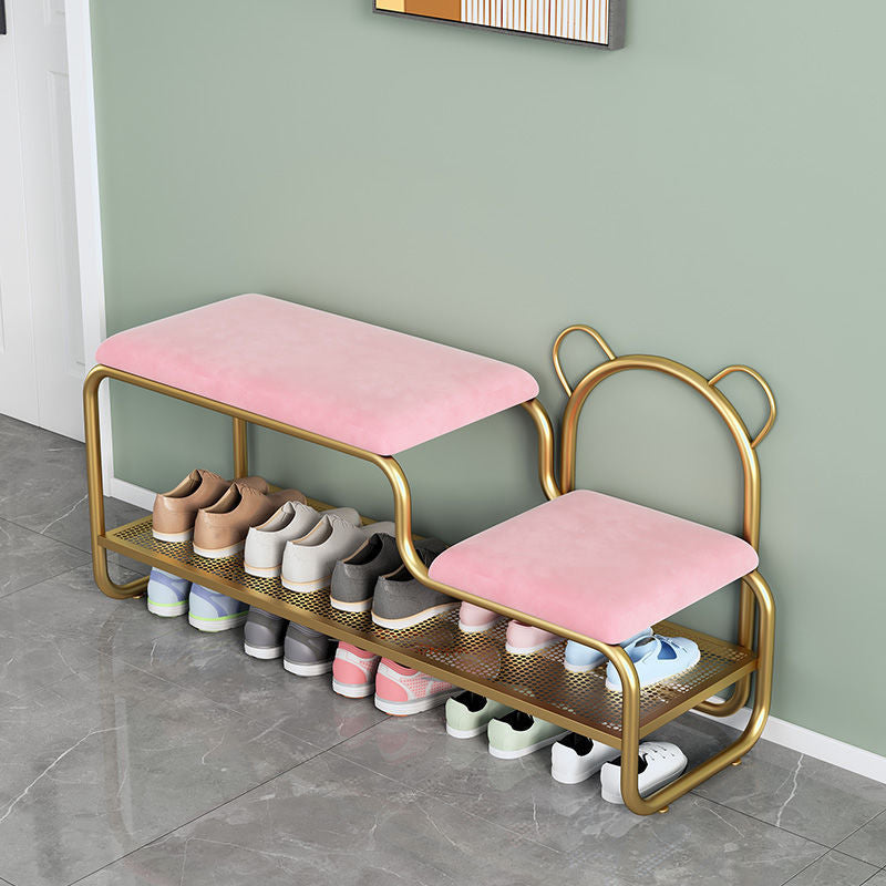 Contemporary Creative Velvet Iron Bear-Shaped Curved Rectangular Shoe Bench With Backrest For Entryway & Living Room
