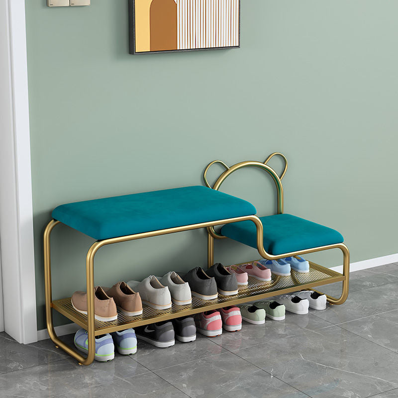 Contemporary Creative Velvet Iron Bear-Shaped Curved Rectangular Shoe Bench With Backrest For Entryway & Living Room