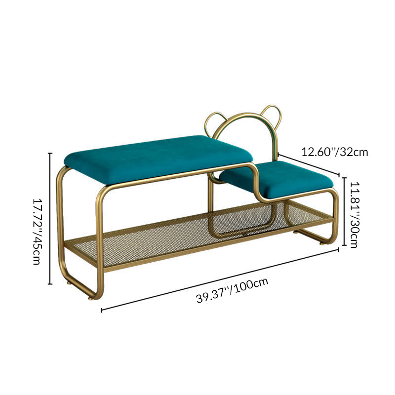 Contemporary Creative Velvet Iron Bear-Shaped Curved Rectangular Shoe Bench With Backrest For Entryway & Living Room