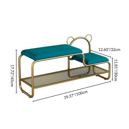 Contemporary Creative Velvet Iron Bear-Shaped Curved Rectangular Shoe Bench With Backrest For Entryway & Living Room