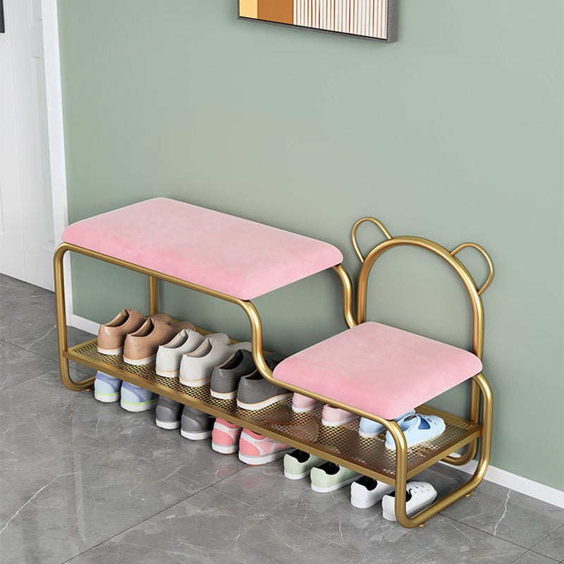 Contemporary Creative Velvet Iron Bear-Shaped Curved Rectangular Shoe Bench With Backrest For Entryway & Living Room