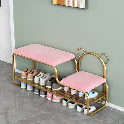 Contemporary Creative Velvet Iron Bear-Shaped Curved Rectangular Shoe Bench With Backrest For Entryway & Living Room