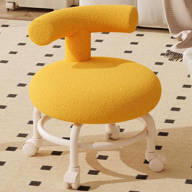 Contemporary Scandinavian Fleece Sherpa Fabric Solid Wood Steel Round Curved Low Stool With Backrest For Living Room