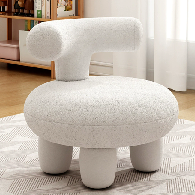 Contemporary Scandinavian Fleece Sherpa Fabric Solid Wood Steel Round Curved Low Stool With Backrest For Living Room