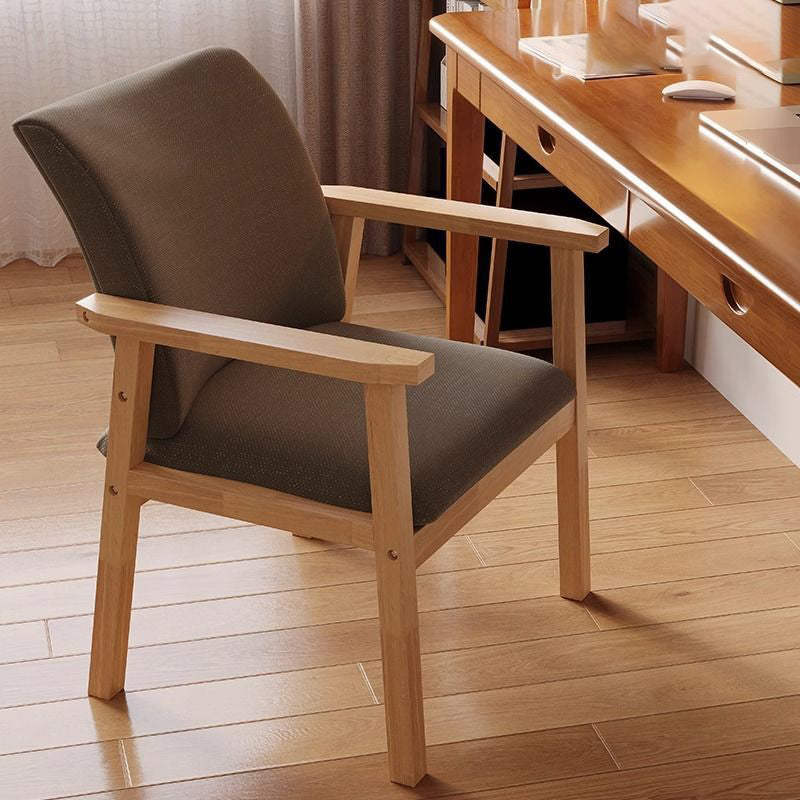 Contemporary Scandinavian Cotton Linen Rubberwood Tilted Rounded Square Desk Chair With Backrest & Armrest For Home Office