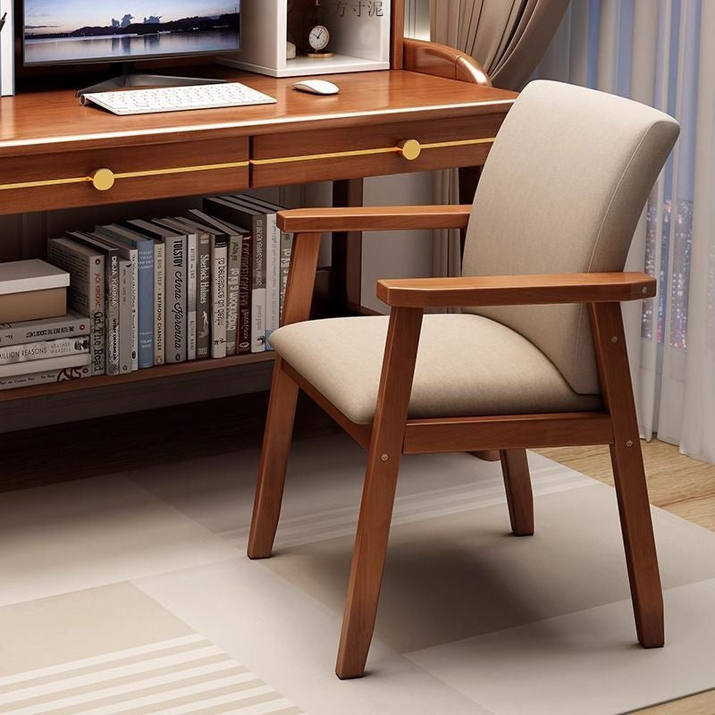 Contemporary Scandinavian Cotton Linen Rubberwood Tilted Rounded Square Desk Chair With Backrest & Armrest For Home Office