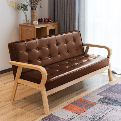 Traditional Vintage Oiled Wax Leather Solid Wood Plywood Rectangular Rounded Sofa 2-Seater With Armrest Backrest For Living Room
