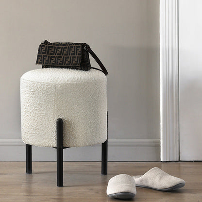 Contemporary Scandinavian Sherpa Fleece Metal Round Cylindrical Low Stool For Living Room
